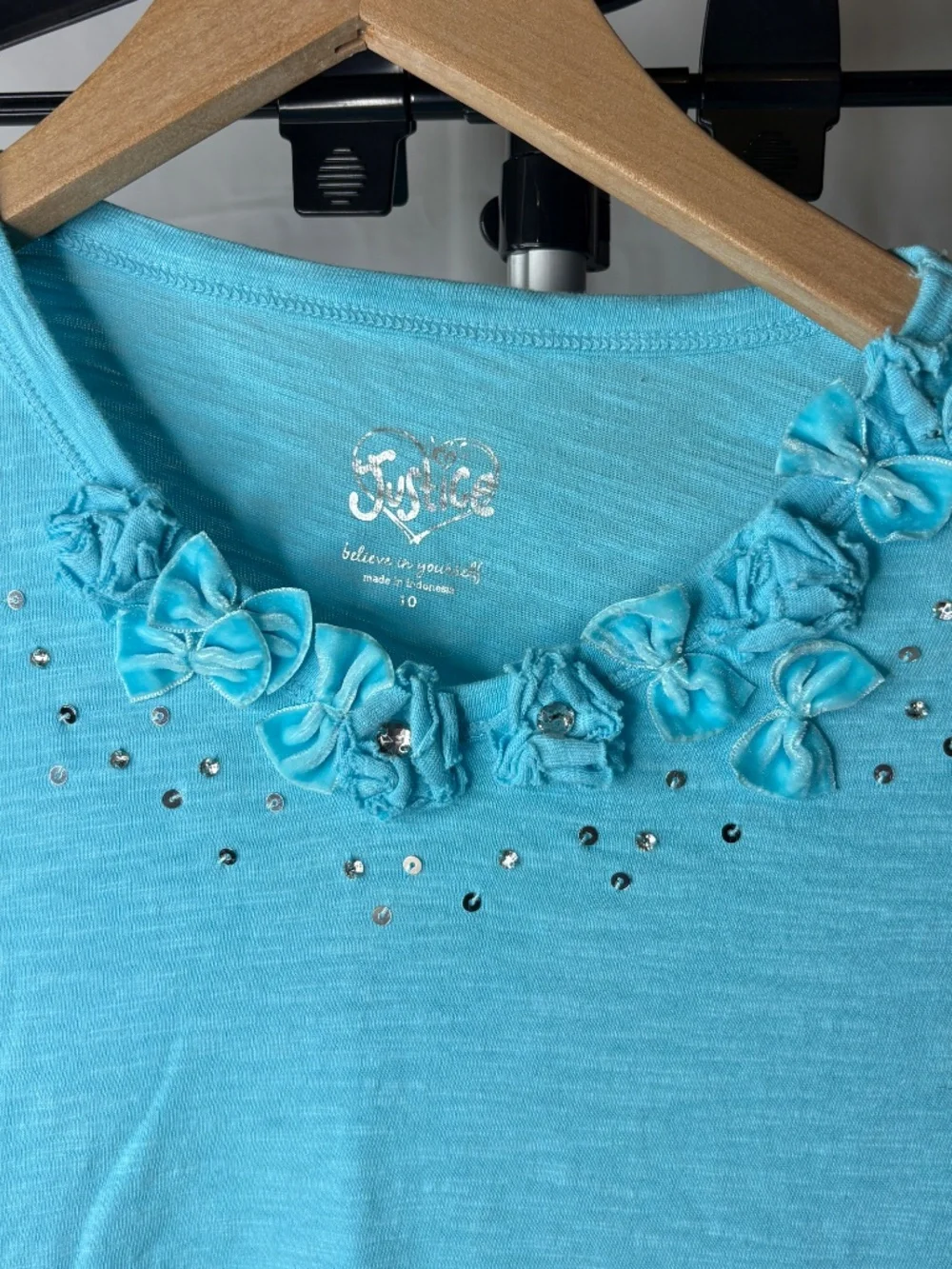 Vintage Justice Blue W/Bows/Flowers/Sequin Long Sleeve Shirt Size 10 Girl's EUC